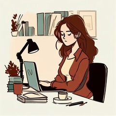 Work at home concept design. Freelance woman working on laptop at her house, in office, studying, communicating. Online study, education. AI generated content