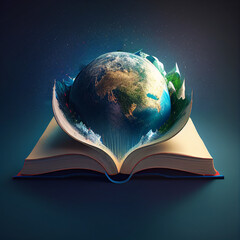 open book with planet earth coming out of the book. Education concept. AI generated content