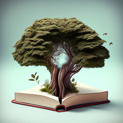 Book or tree of knowledge concept with an oak tree growing from an old open book. AI generated content