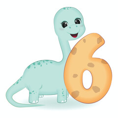Cute Dinosaur with number 6, cartoon illustration