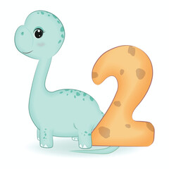 Cute Dinosaur with number 2, cartoon illustration