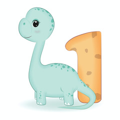Cute Dinosaur with number 1, cartoon illustration