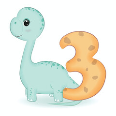 Cute Dinosaur with number 3, cartoon illustration