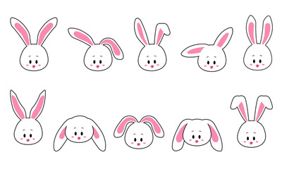 face set of a cute white rabbit. Kawaii bunny ear emoji, or bunny emoticon. symbol of a rabbit. Expression of a funny animal cartoon figure. outline in a vector illustration