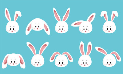 face set of a cute white rabbit. Kawaii bunny ear emoji, or bunny emoticon. symbol of a rabbit. Expression of a funny animal cartoon figure. outline in a vector illustration
