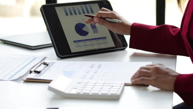 Financial and accounting analysis, Businesswoman analyzing investments and planning budget management.