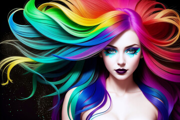 Portrait of a girl with developing hair in rainbow colors on a black background. AI generative