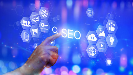 IT specialist person manage search engine optimization : SEO with social media content and...