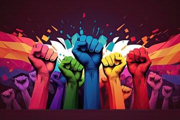 fists up in the colors of the rainbow. pride day. Illustration Generative AI