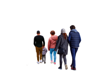 Cinq personnes dont un enfant, ils marchent côte à côte, vus de dos. Ils portent des vêtements d'hiver