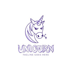 Angry Cartoon Unicorn Head Logo. Character with flying sparkles from the nose. Handwritten lettering Unicorn. Minimalism outline flat style for icon or print. Isolated vector illustration