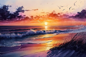 Beach watercolor background at sunset, Generative AI
