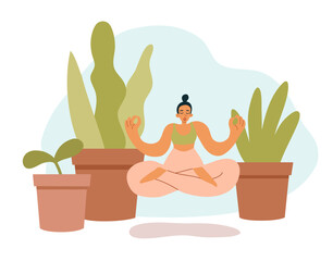 Young relaxed woman in lotus yoga pose hovering and meditating. Girl at rest soaring above the ground among houseplants in pots. The concept of mindfulness, mental and physical health.