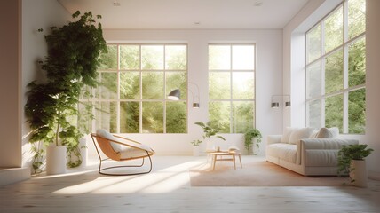 Cozy Scandinavian modern living room interior with tall big windows and bright lights. 