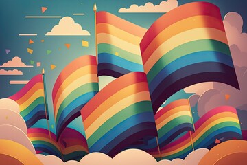 Colorful illustration of rainbow flags on a background of clouds. pride day. Generative AI