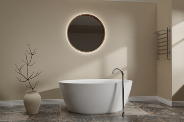 Naklejka na ściany i meble Contemporary Bathroom with floor tub interior, with round mirror