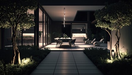 Obraz premium Ultra modern home with luxury patio after the sun went down