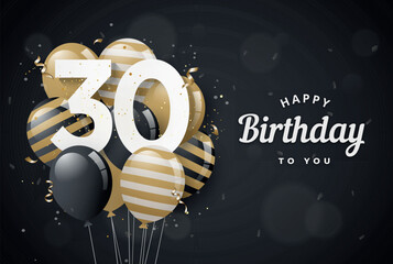 Happy 30th birthday balloons greeting card black background. 30 years anniversary. 30th celebrating with confetti. Vector stock