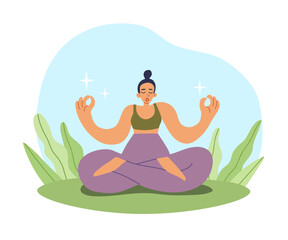 Young relaxed woman sitting in lotus pose doing yoga on grass. Calm girl meditating in the park with closed eyes. The concept of awareness, mental and physical health.