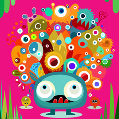 Vector illustration cute and fantastic monster wall art