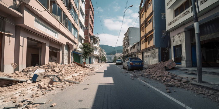 Illustration of a city damaged by a powerful earthquake. Generative AI.
