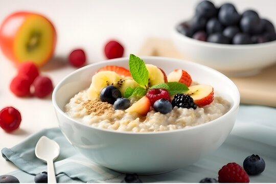 Oatmeal porridge with fresh fruits on white background. Healthy breakfast. Generative AI