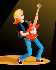 Fototapeta na wymiar Rock guitarist with an electric guitar in a cartoon style. Rock star strums his electric guitar with passion and intensity. vector illustration