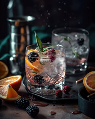 Alcoholic Drink with Ice and Fruit-Cocktail with Raspberries and Oranges-Generative AI