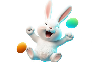 Happy jumping cartoon Easter bunny with colorful flying Easter eggs isolated on transparent background. Generative AI. PNG