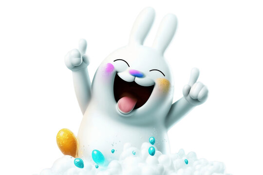 Happy dancing Easter bunny isolated on transparent background. Cartoon characters with thumbs up on. Generative AI. PNG