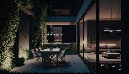 Fototapeta na wymiar Ultra modern home with luxury patio after the sun went down