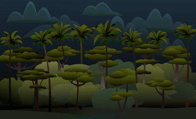 Thick wild jungle. Beautiful palm trees. Tropical rainforest landscape. Dark night twilight. Overgrown jungle. Southern nature. Cartoon fun style. Flat design. Vector