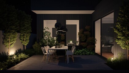 Fototapeta premium Ultra modern home with luxury patio after the sun went down