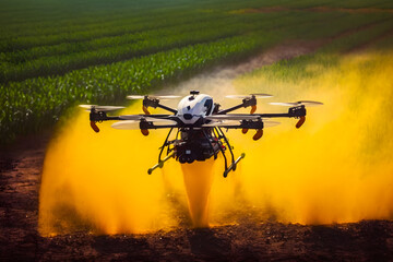 Rural drone copter flies with spraying fertilizer or treatment agent from hardeners in small spray jets over plants. Generative AI