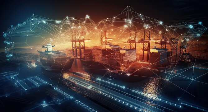 Container storage at the port using modern technology at night. Cargo ship import export global business trade. Container freight transport in the industrial port. AI generated illustration.