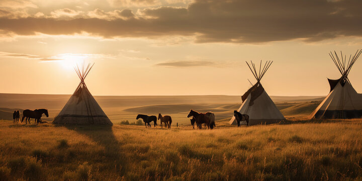 Illustration of traditional tipis on the open plains,  Generative AI.