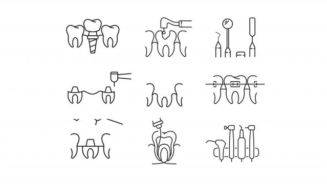Animated dentistry linear icons. Examination instruments. Teeth treatment and replacement. Seamless loop HD video with alpha channel on transparent background. Outline motion graphic animation