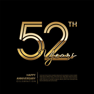 52th anniversary logo with double line style. Gold line art design. Logo Vector Template