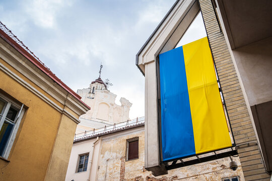 Huge Ukrainian Flag in Old Town of Vilnius. Lithuania supports Ukraine concept.