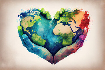 earth's day celebration - hands shaped heart with world map. Generative Ai