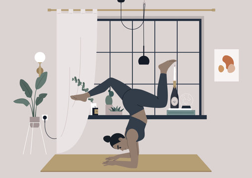 A young female character participating yoga vinyasa at home, a workout designed to improve strength, balance, and flexibility