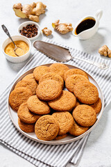 sweet soft ginger cookies on plate, top view