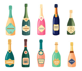 Doodle wine bottles. Cartoon flat champagne alcohol drinks in vintage fancy glass bottles, white and red sparkling wine collection. Vector set