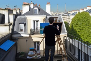 Fototapeta premium Artist painting in a Parisian roof, generative ai