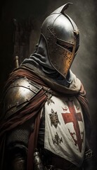 Medieval knight in full armor with the templars cross in the crusade, generative ai - obrazy, fototapety, plakaty