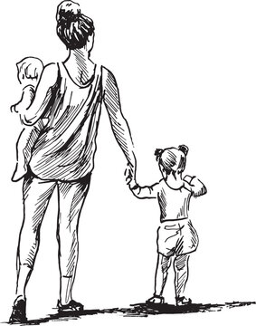Hand drawn sketch of a mother with two children. Vector illustration.