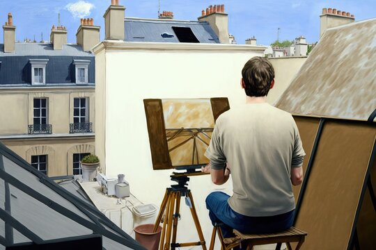 Artist painting in a Parisian roof, generative ai