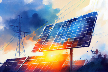 Solar panel with blue sky and sunset. power in nature, watercolor oil painting effect. Generative Ai