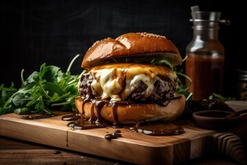 Cheeseburger mit einem saftigen Rindfleisch Patty und Käse, Tomaten, Gurken und Salat in einem Broiche Bun