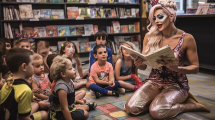 Drag Queen Reading A Book to Several Young Children in a Bookstore. - obrazy, fototapety, plakaty